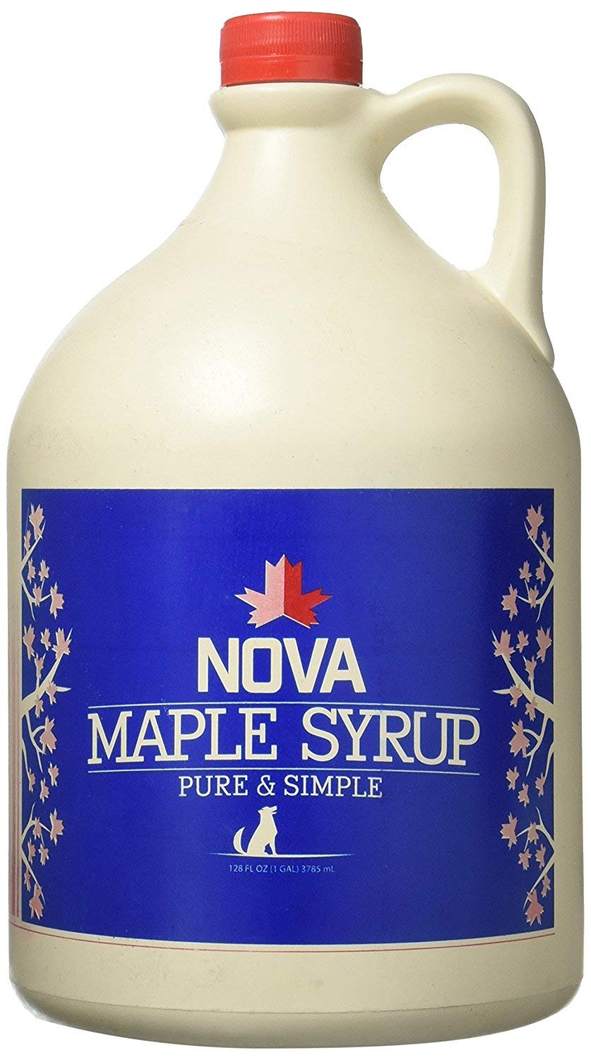 Nova Maple Syrup gallon front label showing brand and Grade A clarity benefit