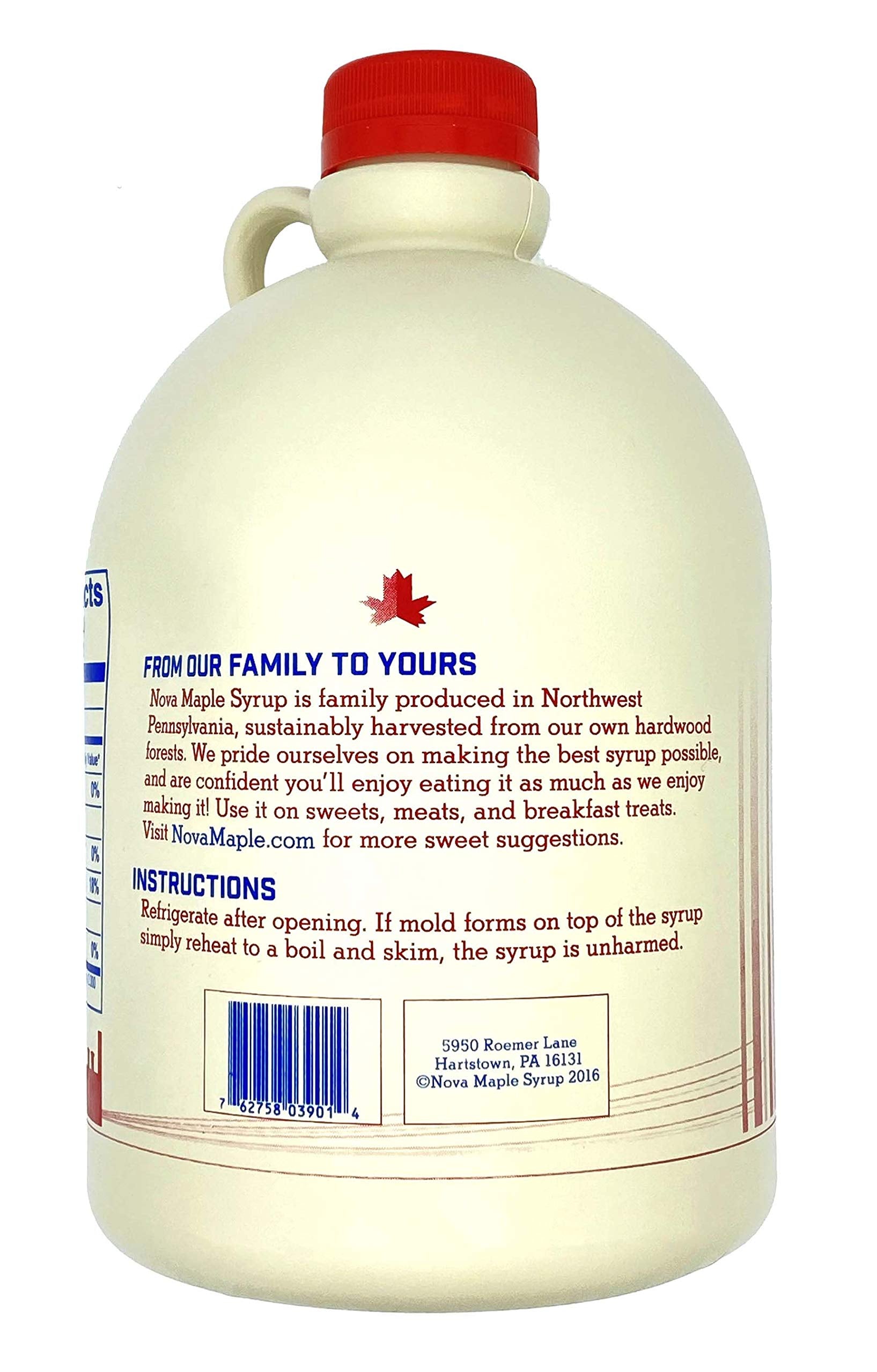 Nova Maple Syrup label close-up highlighting Pennsylvania origin and traceability benefit