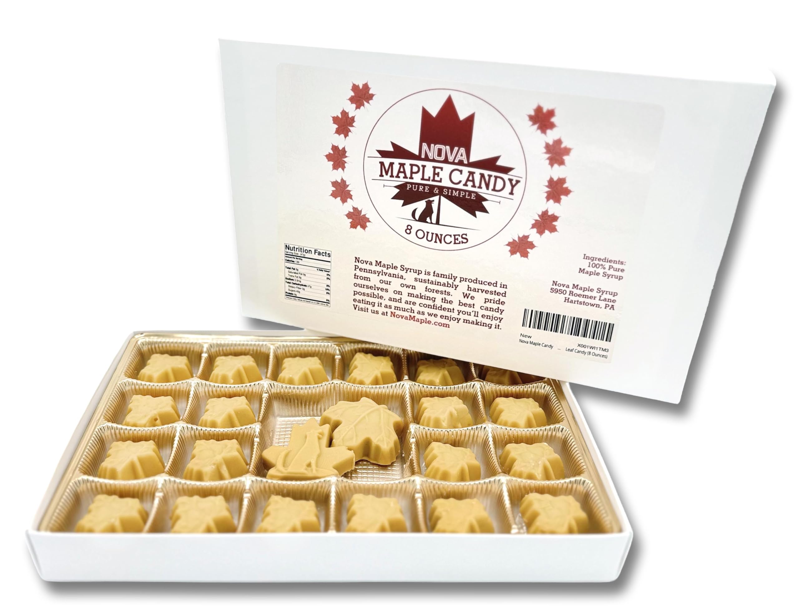 Nova Maple Syrup candy front packaging showcasing pure maple leaf treats and clarity