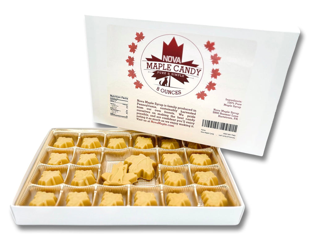 Nova Maple Syrup candy front packaging showcasing pure maple leaf treats and clarity