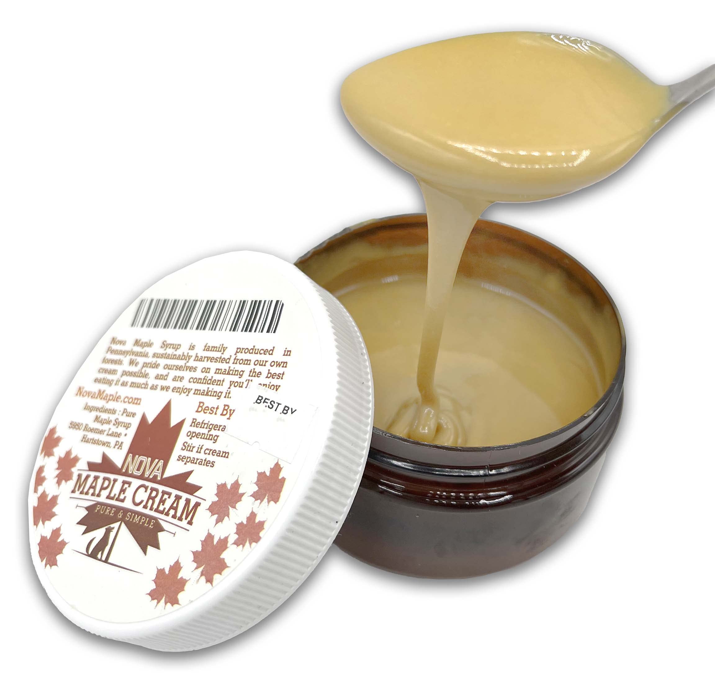 Nova Maple Cream jar beside maple syrup pitcher and wooden spoon, natural ingredients