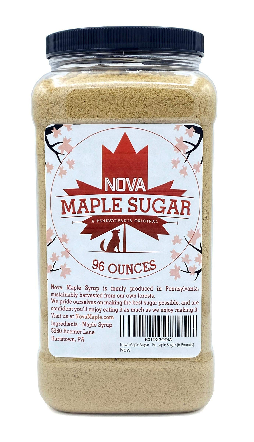 Nova Maple Sugar front packaging showing 6-pound bag and brand benefits