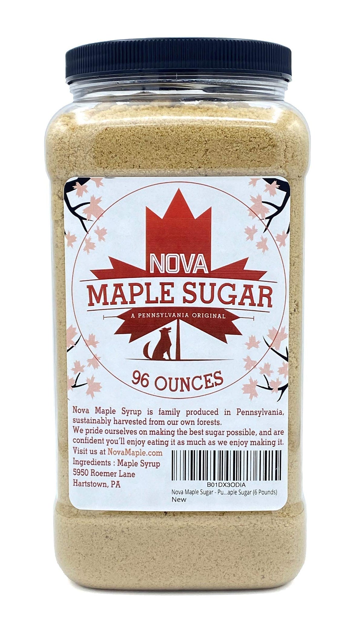 Nova Maple Sugar front packaging showing 6-pound bag and brand benefits