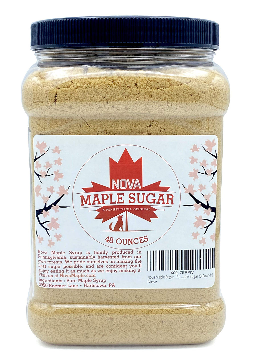 Nova Maple Syrup front packaging showing 3 pound maple sugar, clear label and branding benefits