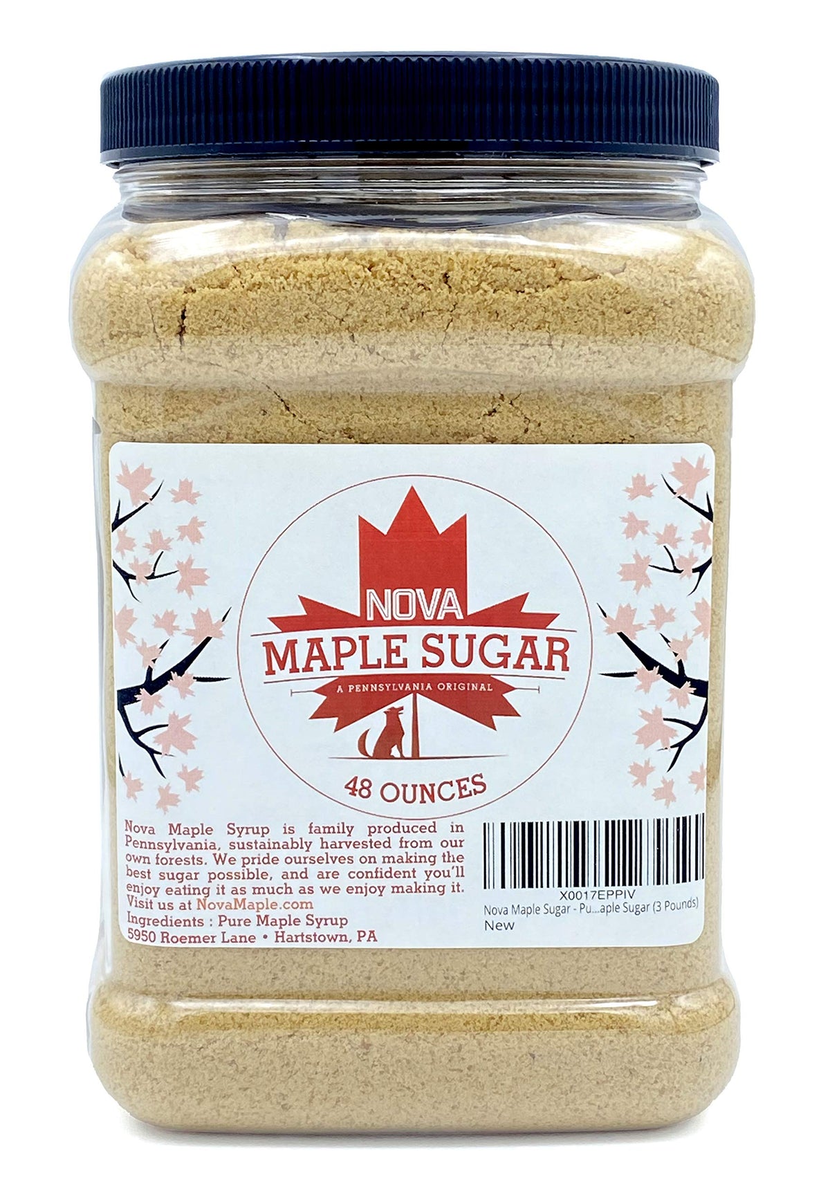 Nova Maple Syrup front packaging showing 3 pound maple sugar, clear label and branding benefits