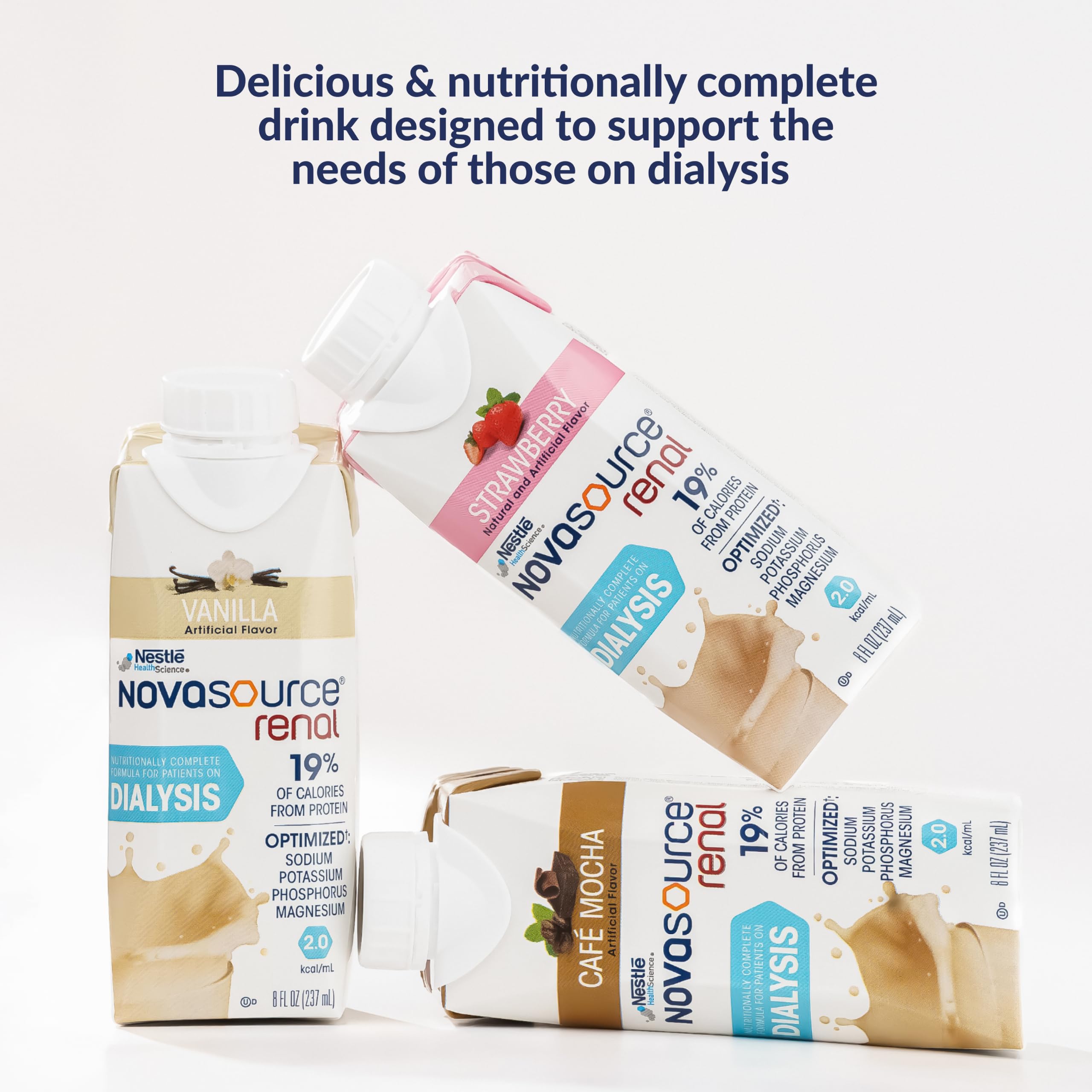 Novasource Renal mocha carton pouring into glass demonstrating easy serving