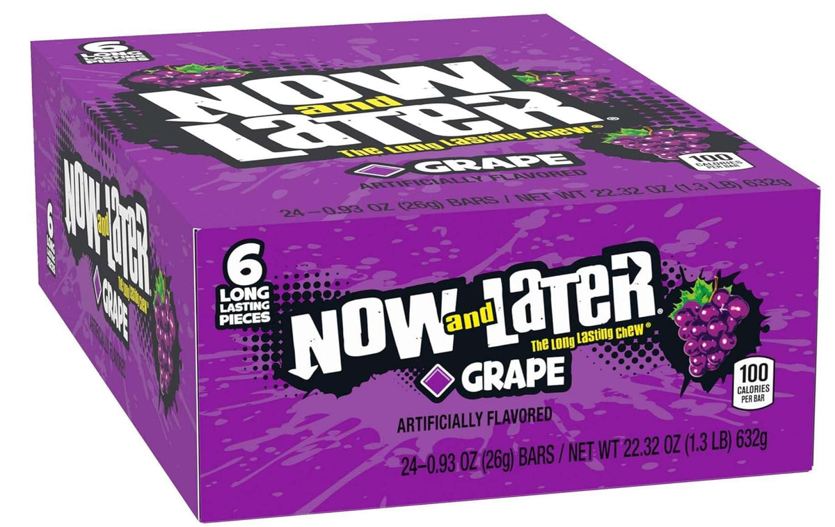 Now and Later grape front packaging shows brand and portable sharing benefit