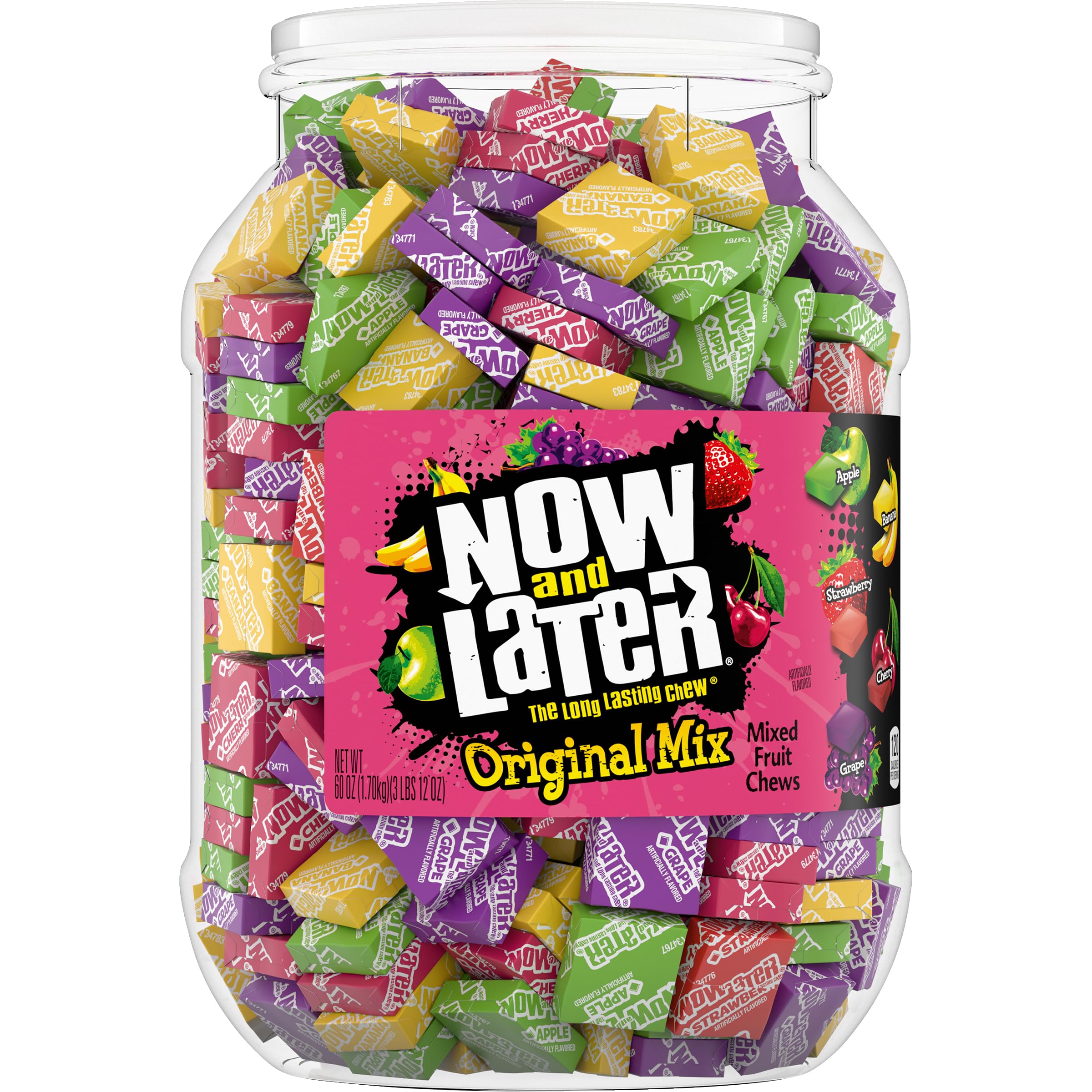 Now and Later jar front packaging showing label and resealable lid for convenience