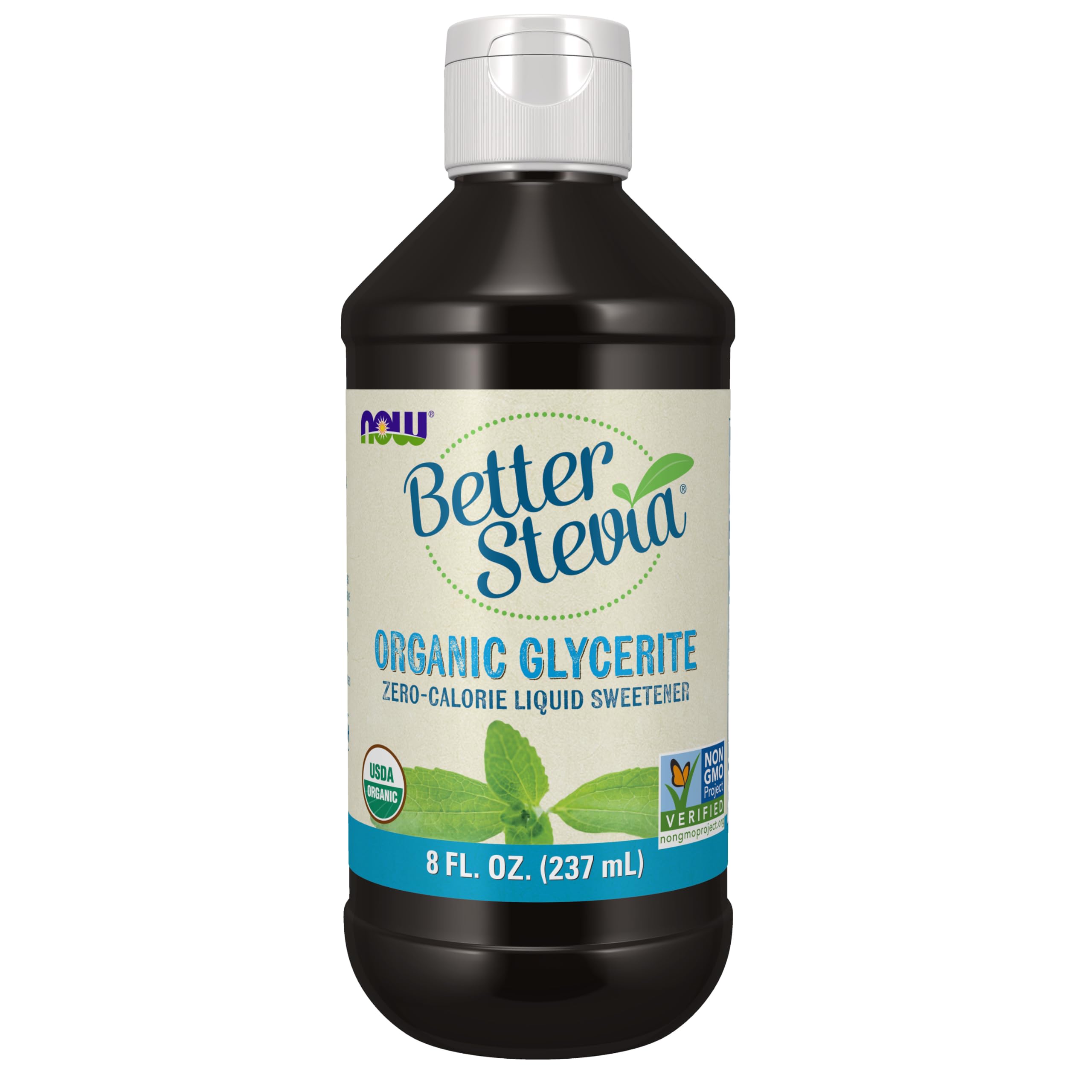NOW Foods BetterStevia front bottle showing label and size, easy sugar-free choice