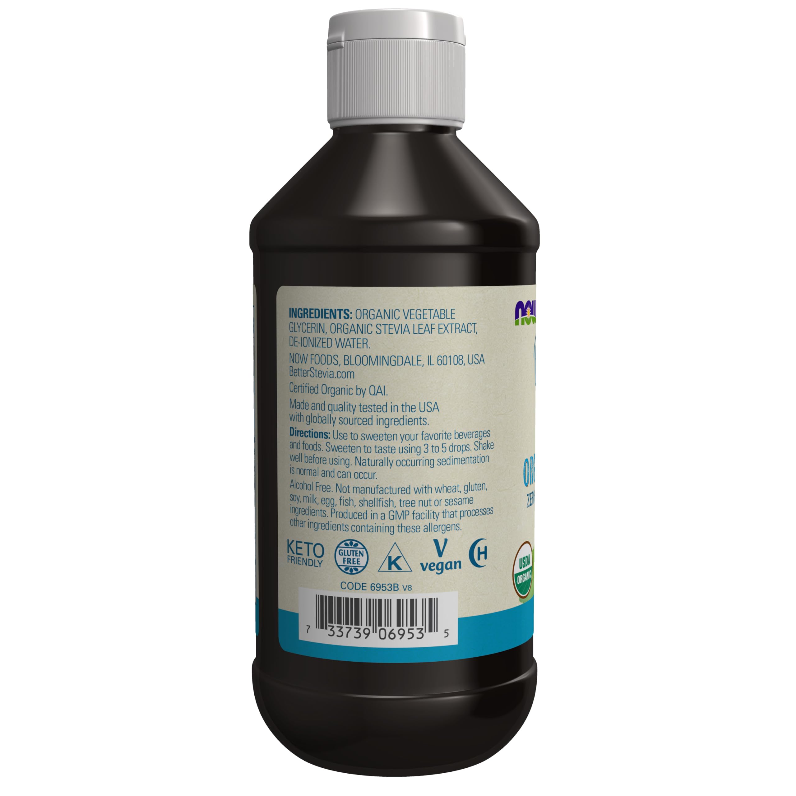 NOW Foods BetterStevia glycerite close-up showing texture and smooth mixing