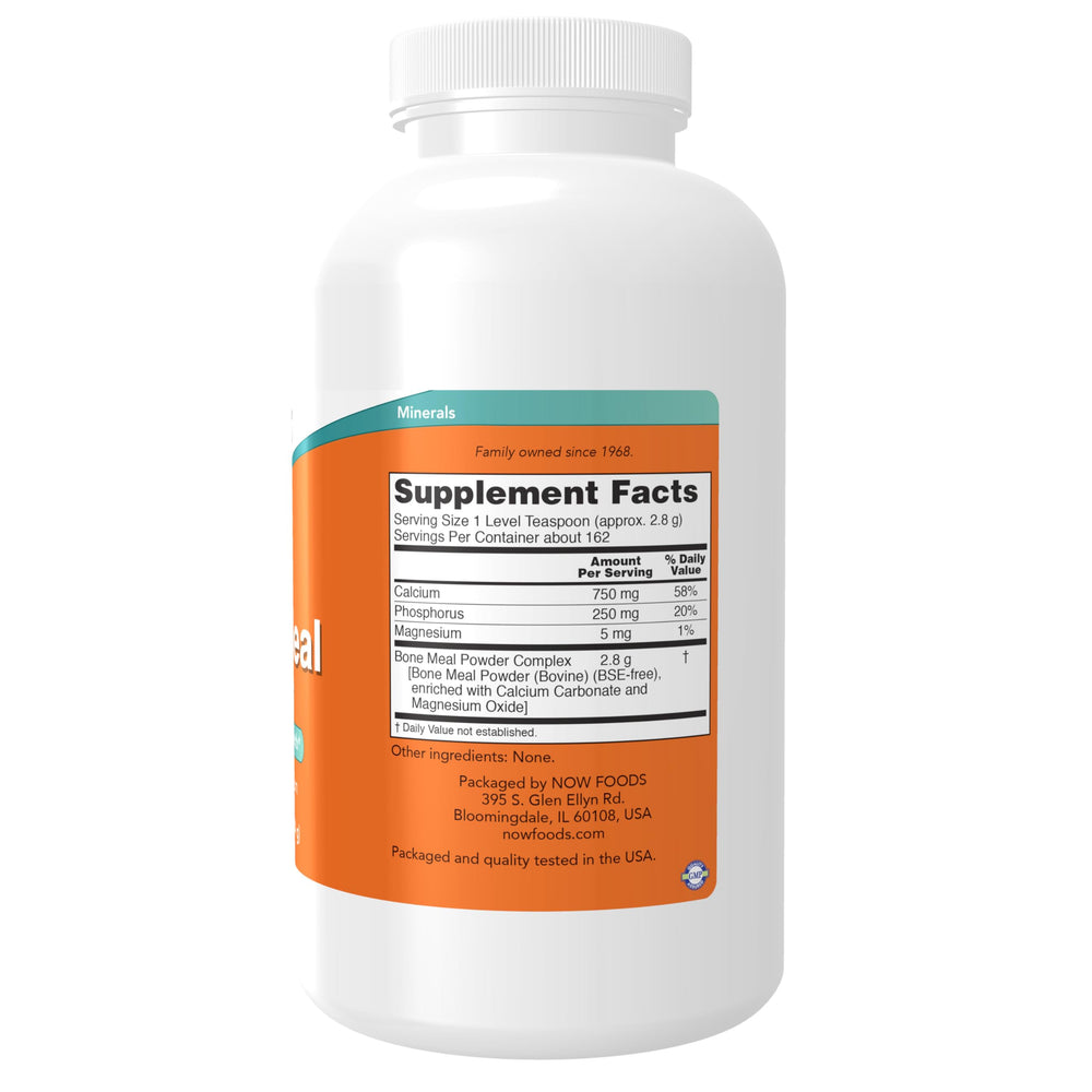 NOW Foods close-up of fine bone meal powder texture showing consistent grind for easy mixing