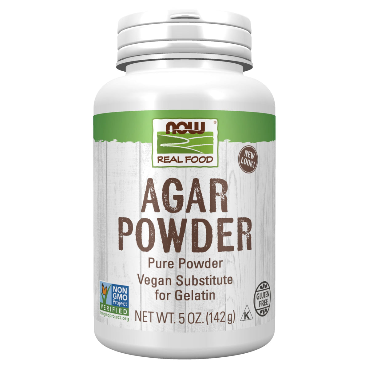 NOW Foods front packaging showing 5-ounce agar powder and label benefits