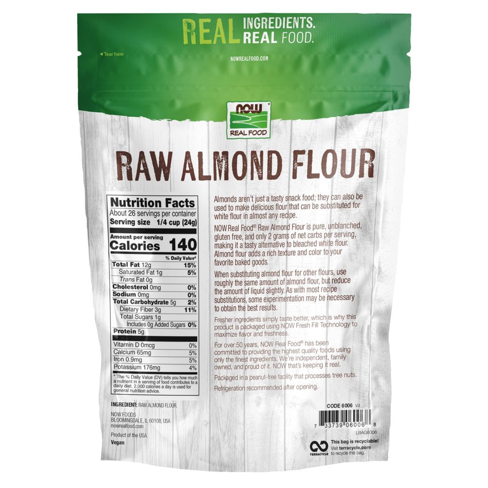 NOW Foods almond flour close-up texture displaying fine, unblanched grind
