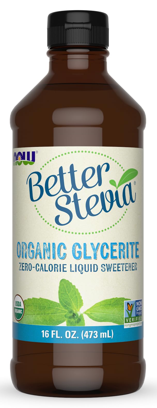 NOW Foods front label of BetterStevia 16 oz showing organic glycerite benefits
