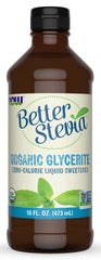 NOW Foods front label of BetterStevia 16 oz showing organic glycerite benefits