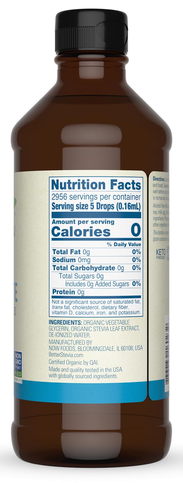 16-ounce bottle of NOW Foods BetterStevia next to a measuring cup to show scale