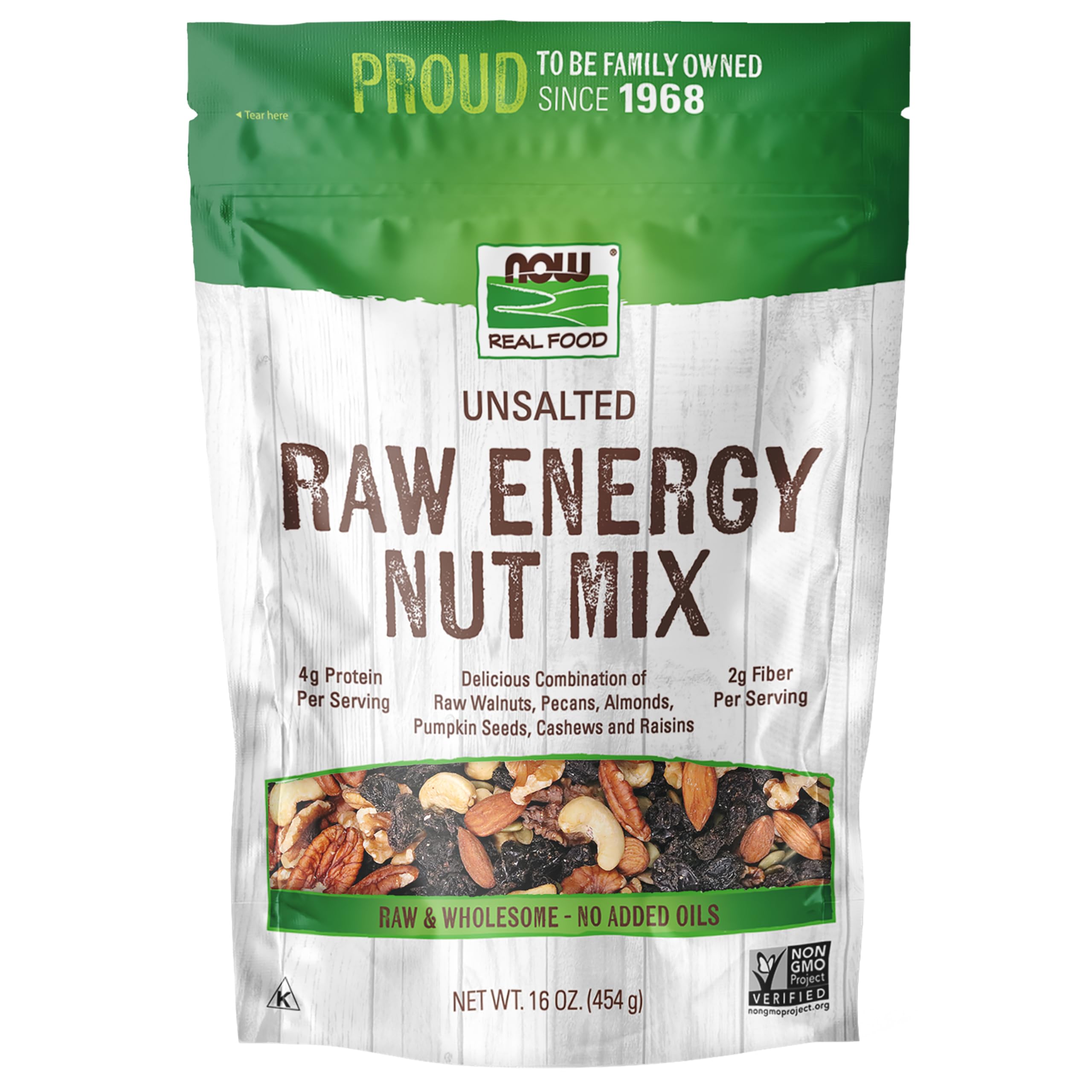 NOW Foods front packaging showing the raw energy nut mix and clear ingredients benefit convenience