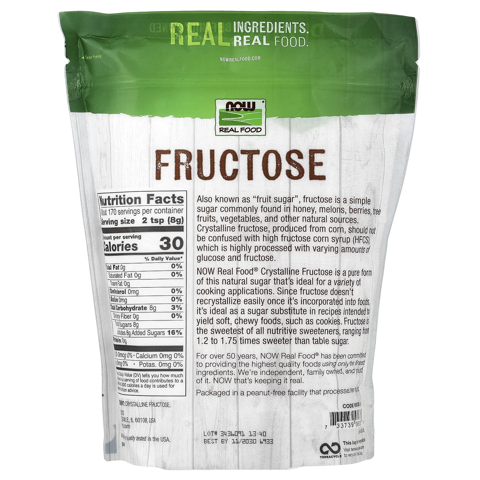 NOW Foods close-up of crystalline fructose texture for easy measuring and smooth results