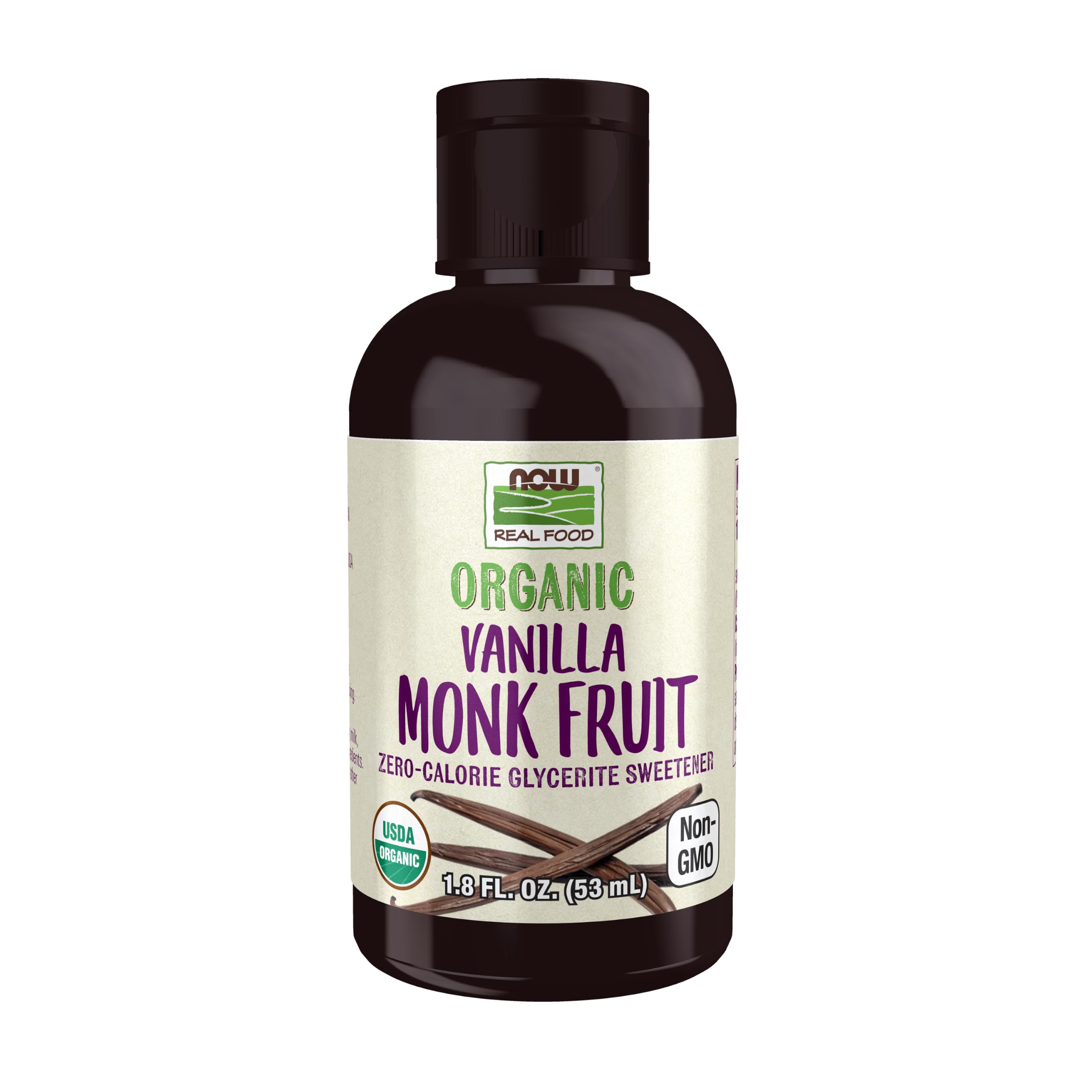 NOW Foods front packaging showing 1.8 oz bottle and organic claims, clear benefit
