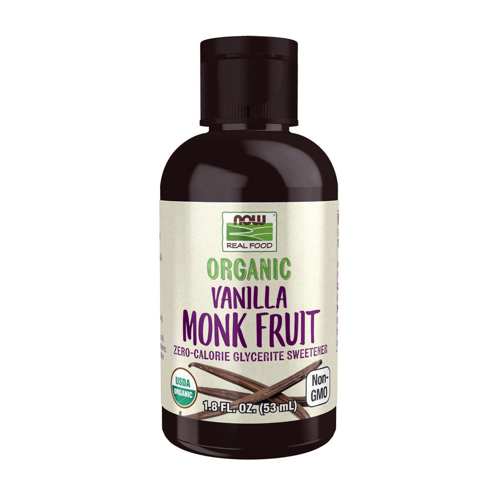 NOW Foods front packaging showing 1.8 oz bottle and organic claims, clear benefit