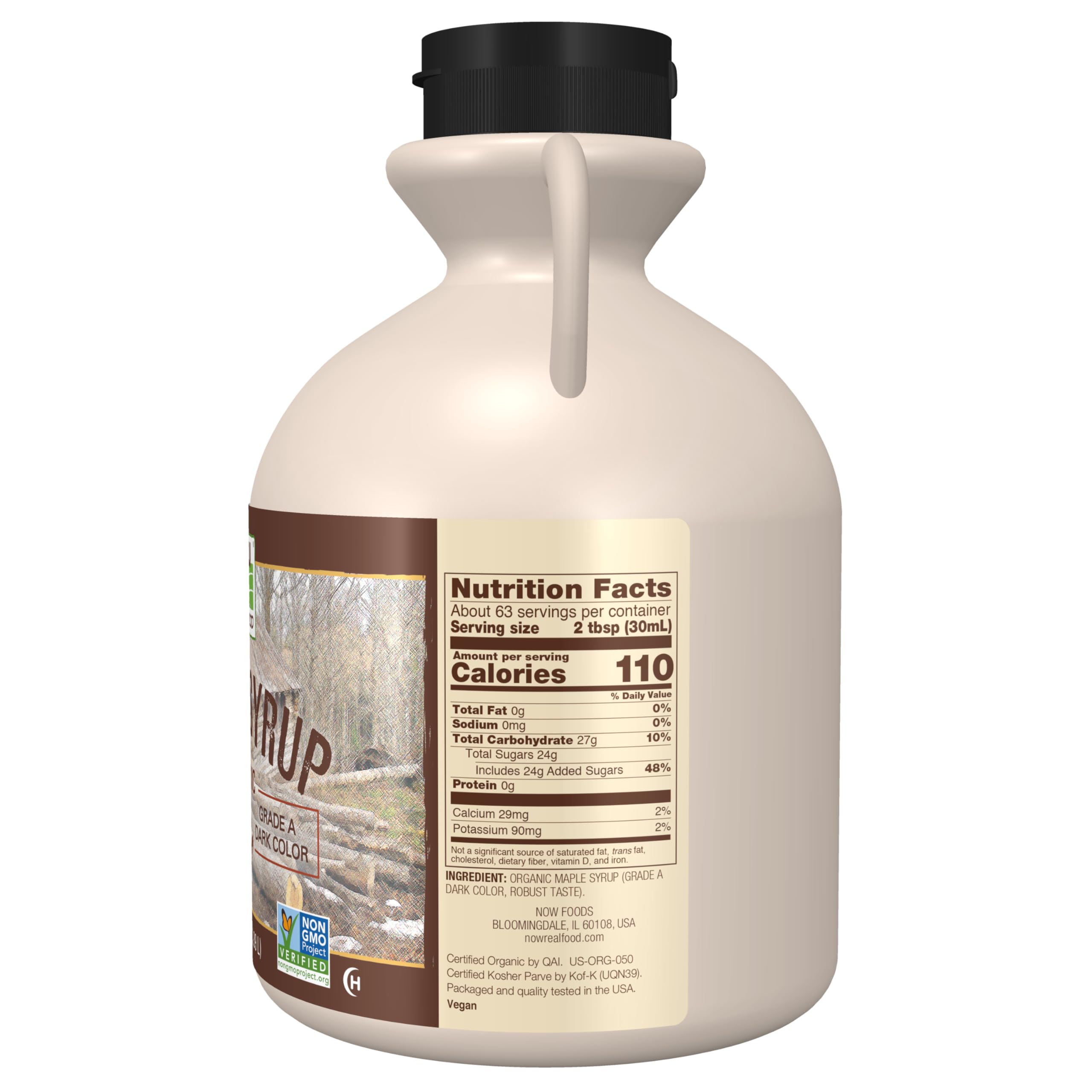 NOW Foods maple syrup flowing from bottle, close-up texture highlights rich, thick consistency