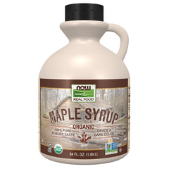 NOW Foods front packaging of 64 oz organic maple syrup, clear label shows certifications and robust taste