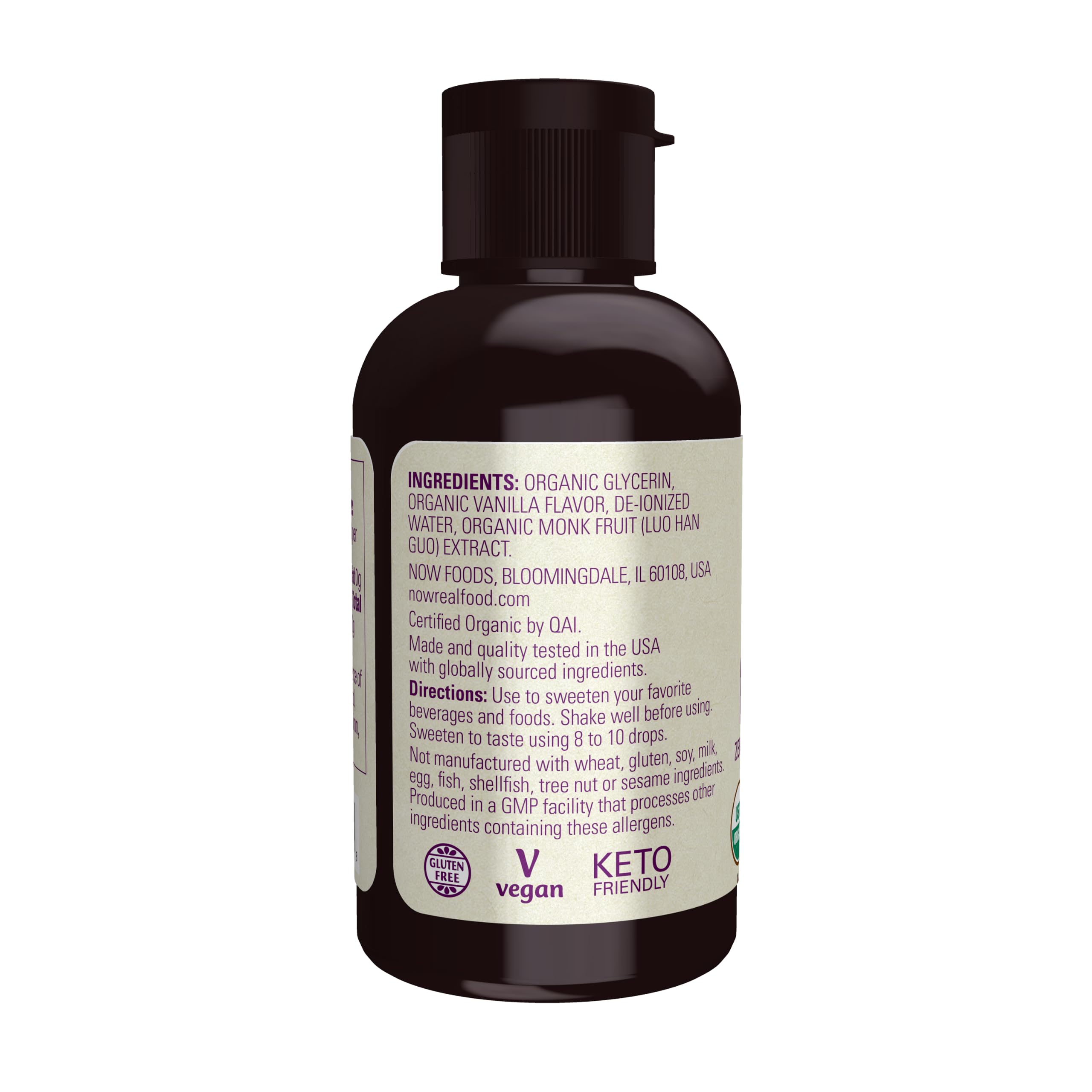 NOW Foods label close-up highlighting vanilla flavor and organic credentials benefit