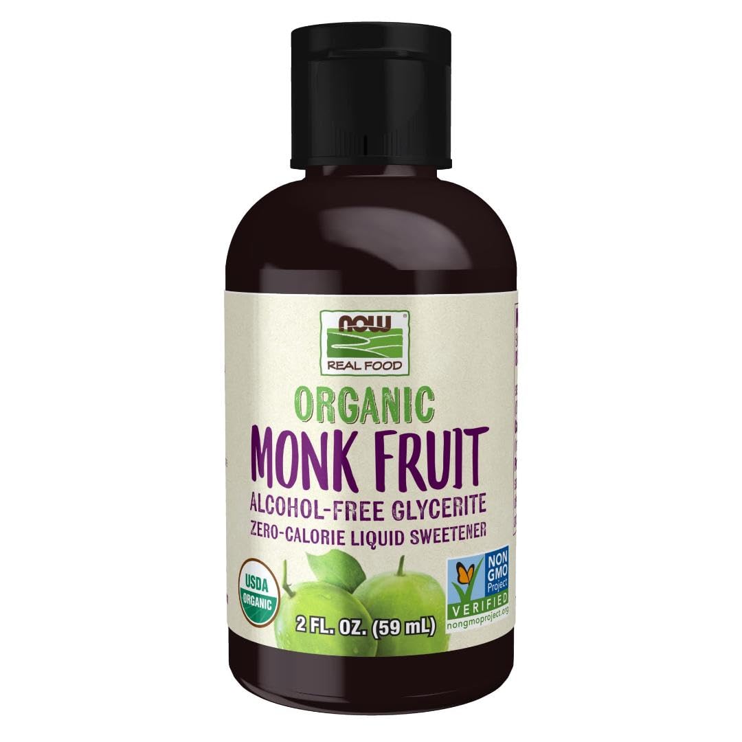 NOW Foods monk fruit front bottle showing size and amber glass, convenient dosing