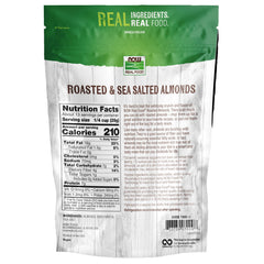 NOW Foods close-up of roasted almond texture and salt crystals, highlighting crunch and flavor