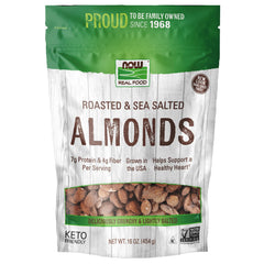 NOW Foods front packaging showing one-pound roasted almonds, clear labeling and convenience