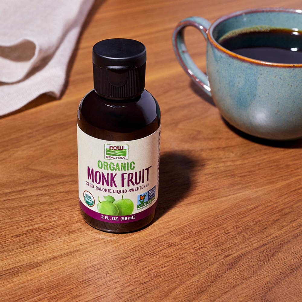 NOW Foods monk fruit liquid in breakfast scene to sweeten smoothies and yogurt