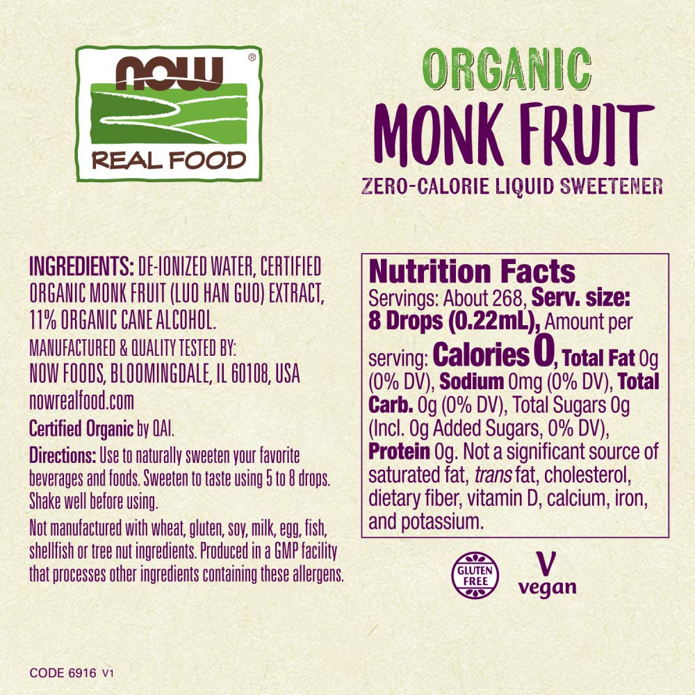 NOW Foods monk fruit liquid dropper close-up highlighting easy dosing