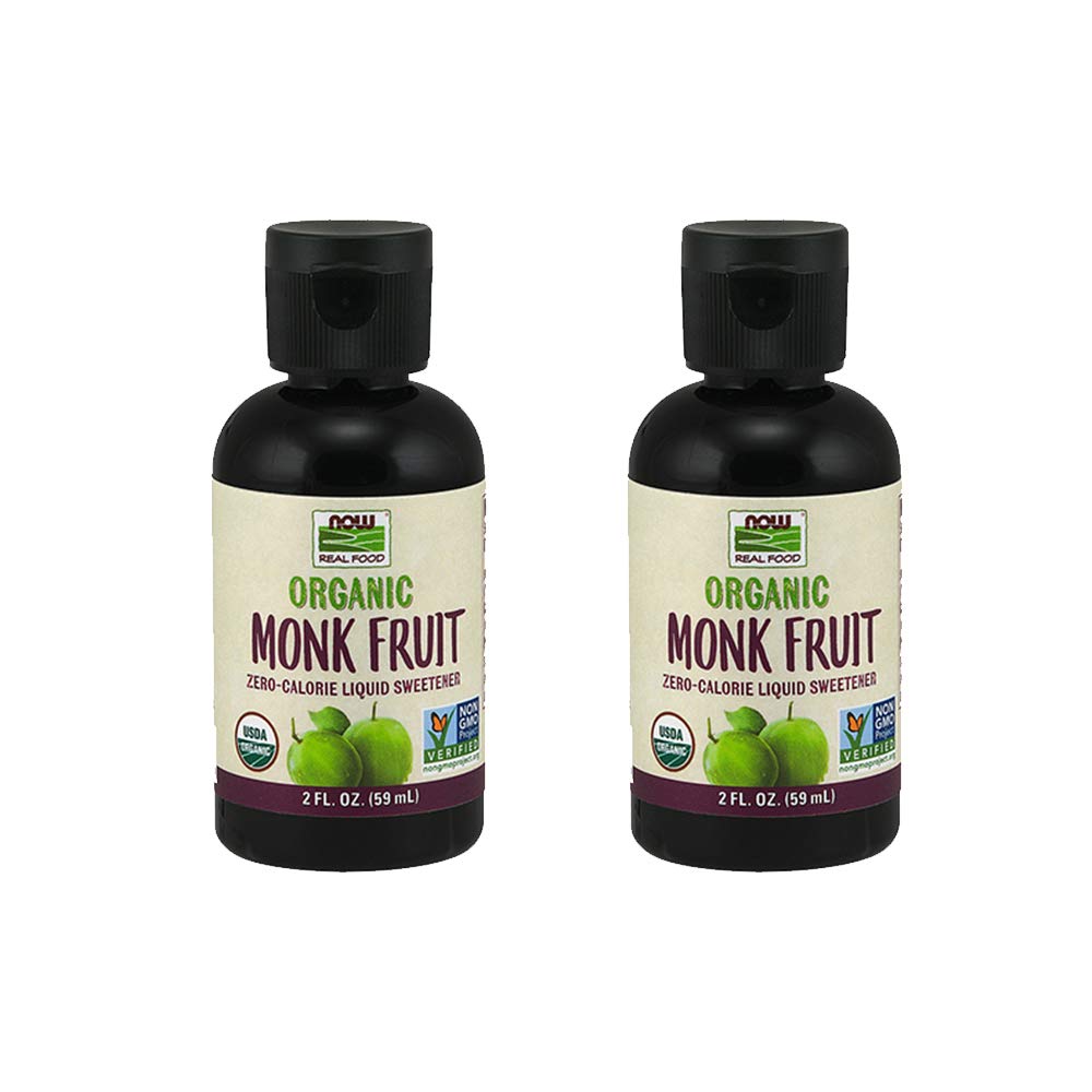 NOW Foods monk fruit liquid front packaging showing bottle and label benefits