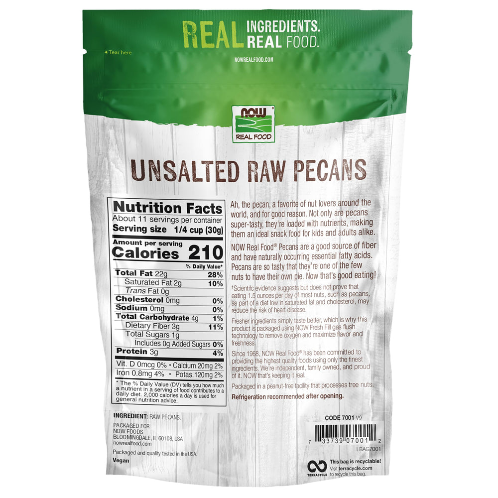 NOW Real Food pecans close-up texture displaying natural oils and crunchy benefit