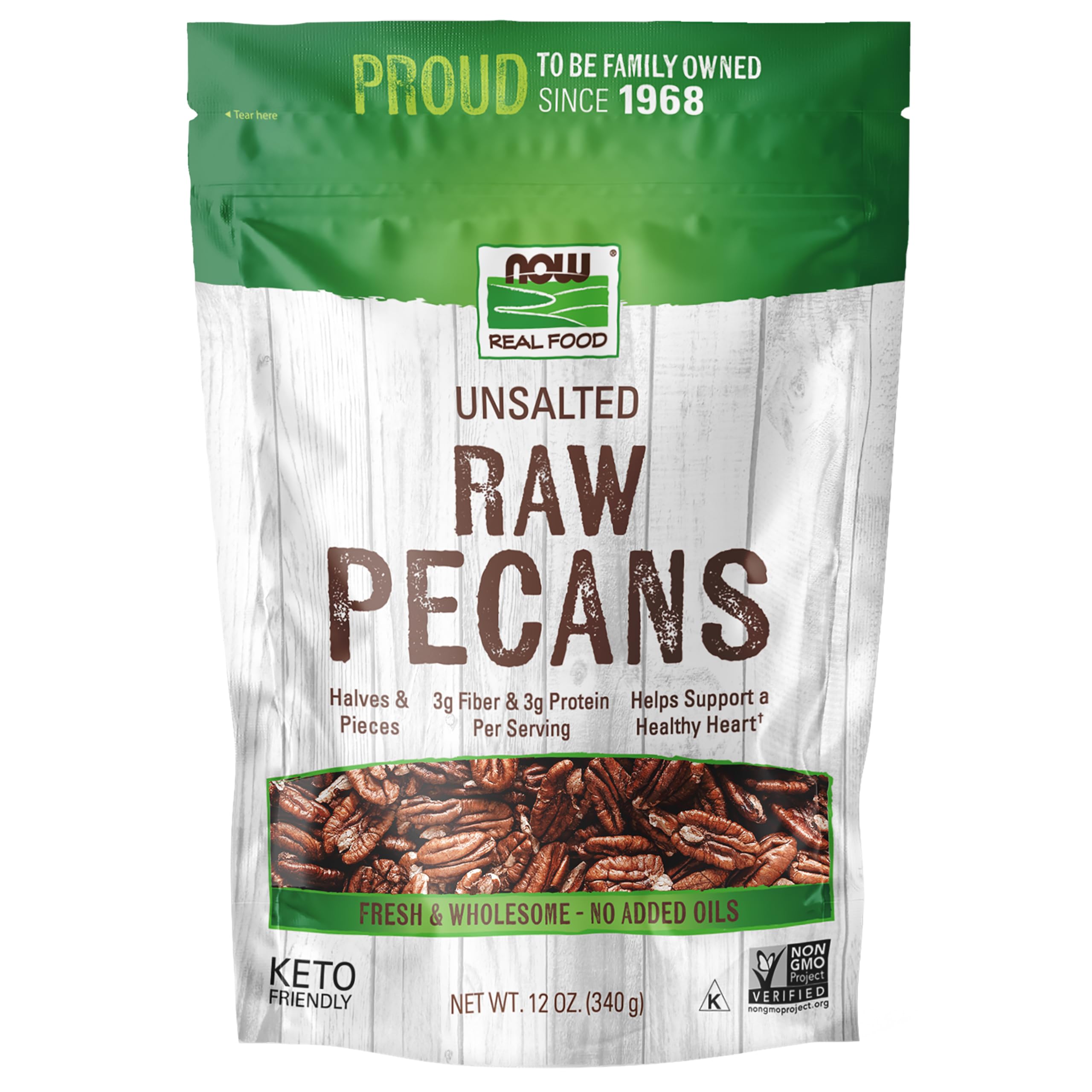 NOW Real Food pecans front packaging showing unsalted halves and pieces, ideal for snacking