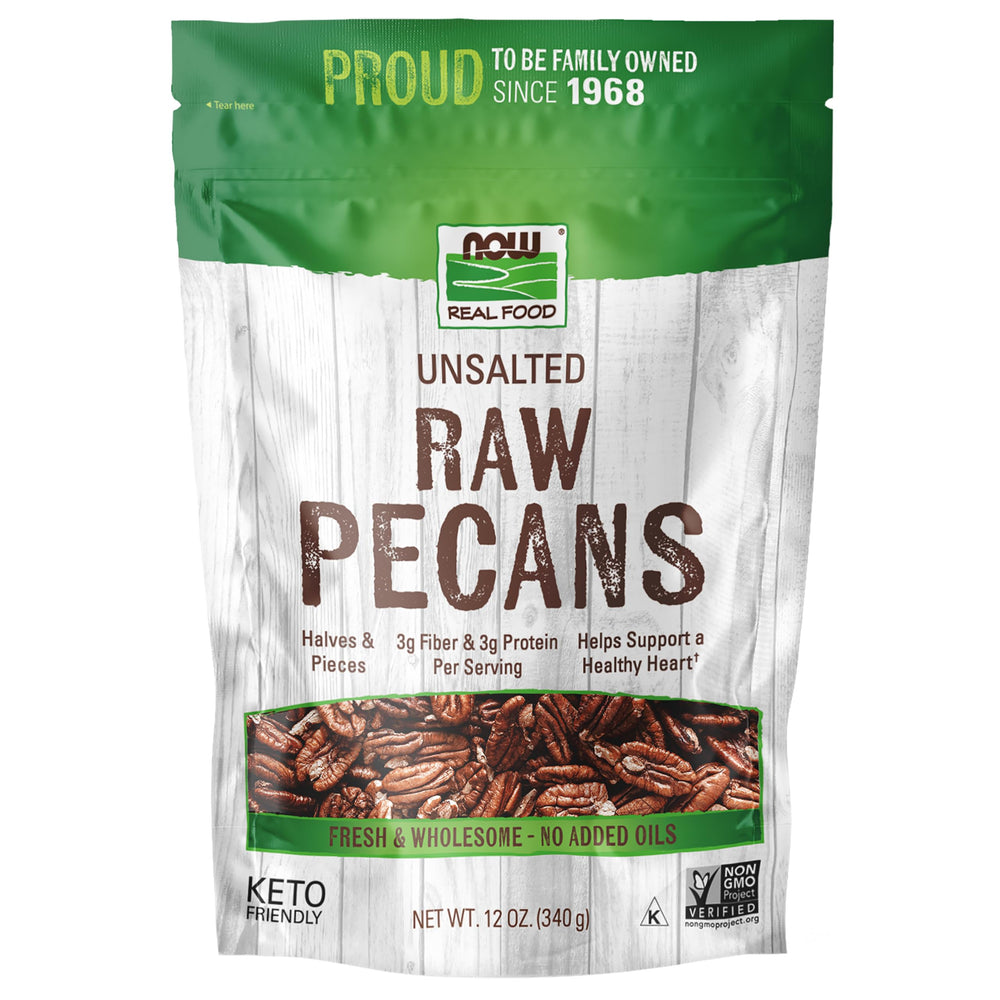 NOW Real Food pecans front packaging showing unsalted halves and pieces, ideal for snacking