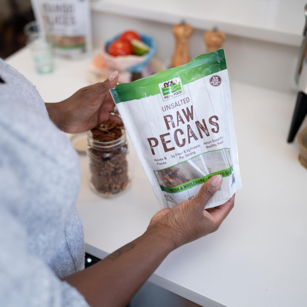 NOW Real Food pecans in bowl serving suggestion for salads and recipes, adds healthy fats