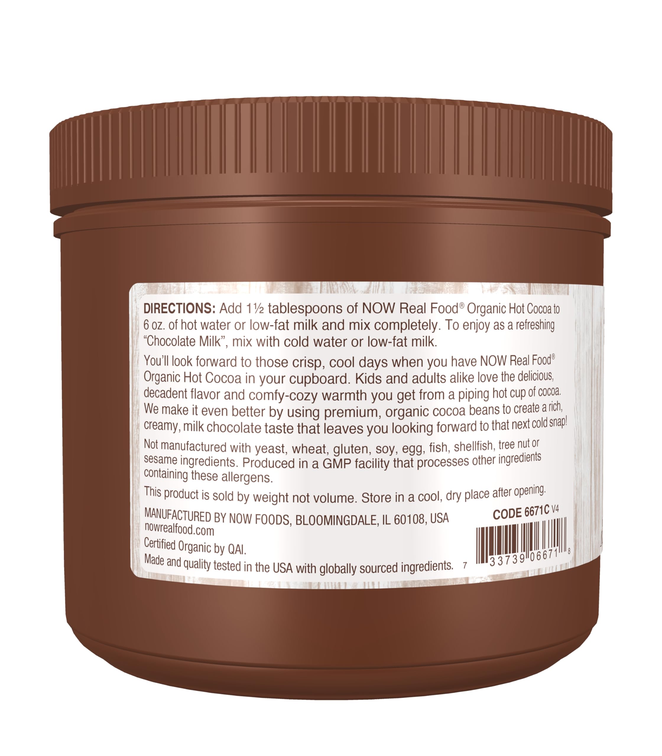 NOW Foods prepared cup steaming mug showing creamy chocolate comfort