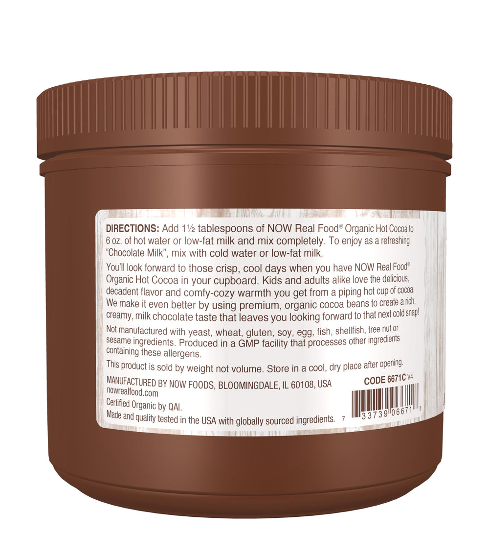 NOW Foods prepared cup steaming mug showing creamy chocolate comfort