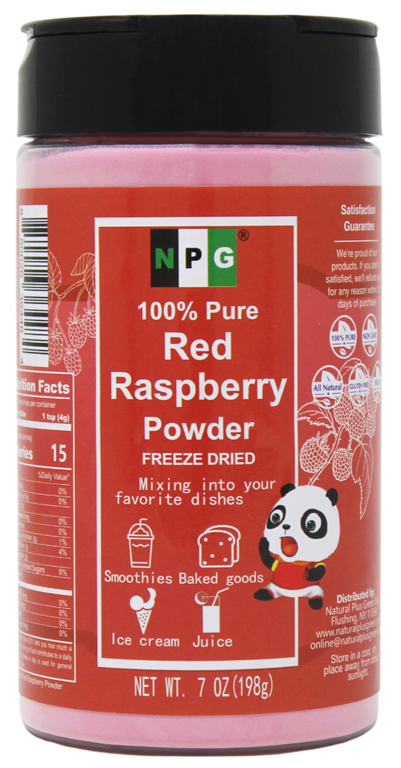 NPG front packaging 7oz raspberry powder showing jar and label benefit vivid flavor