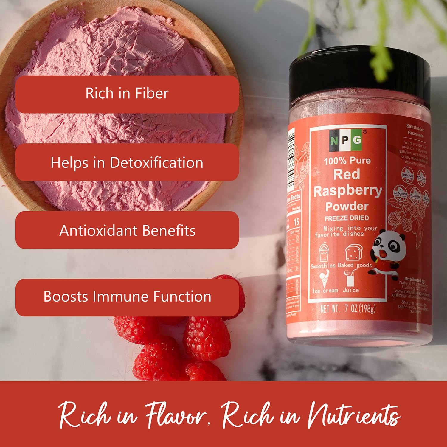 NPG powder blending into smoothie demonstrating instant raspberry flavor boost