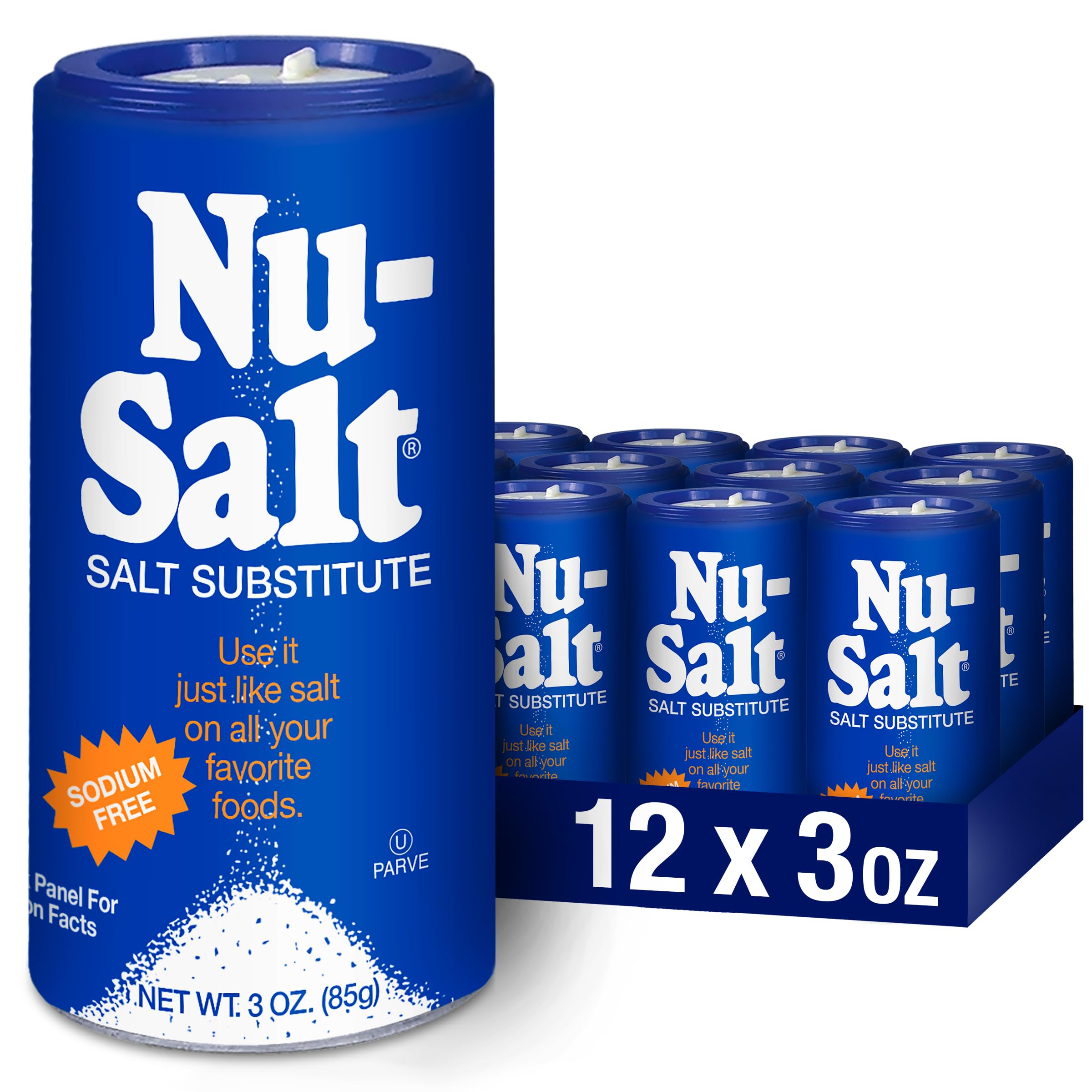 NU-SALT shaker front label showing product and kosher certification for easy identification