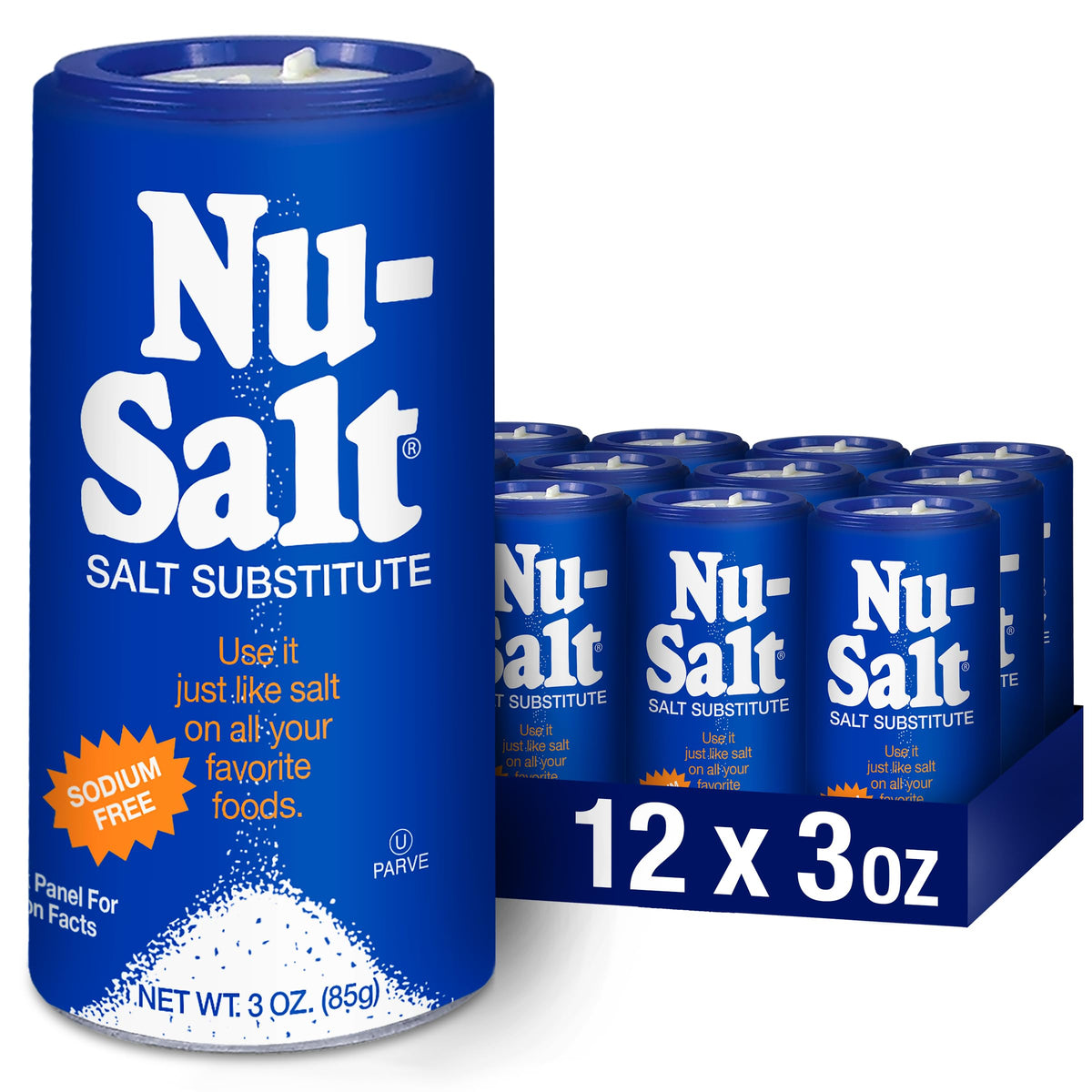 NU-SALT shaker front label showing product and kosher certification for easy identification