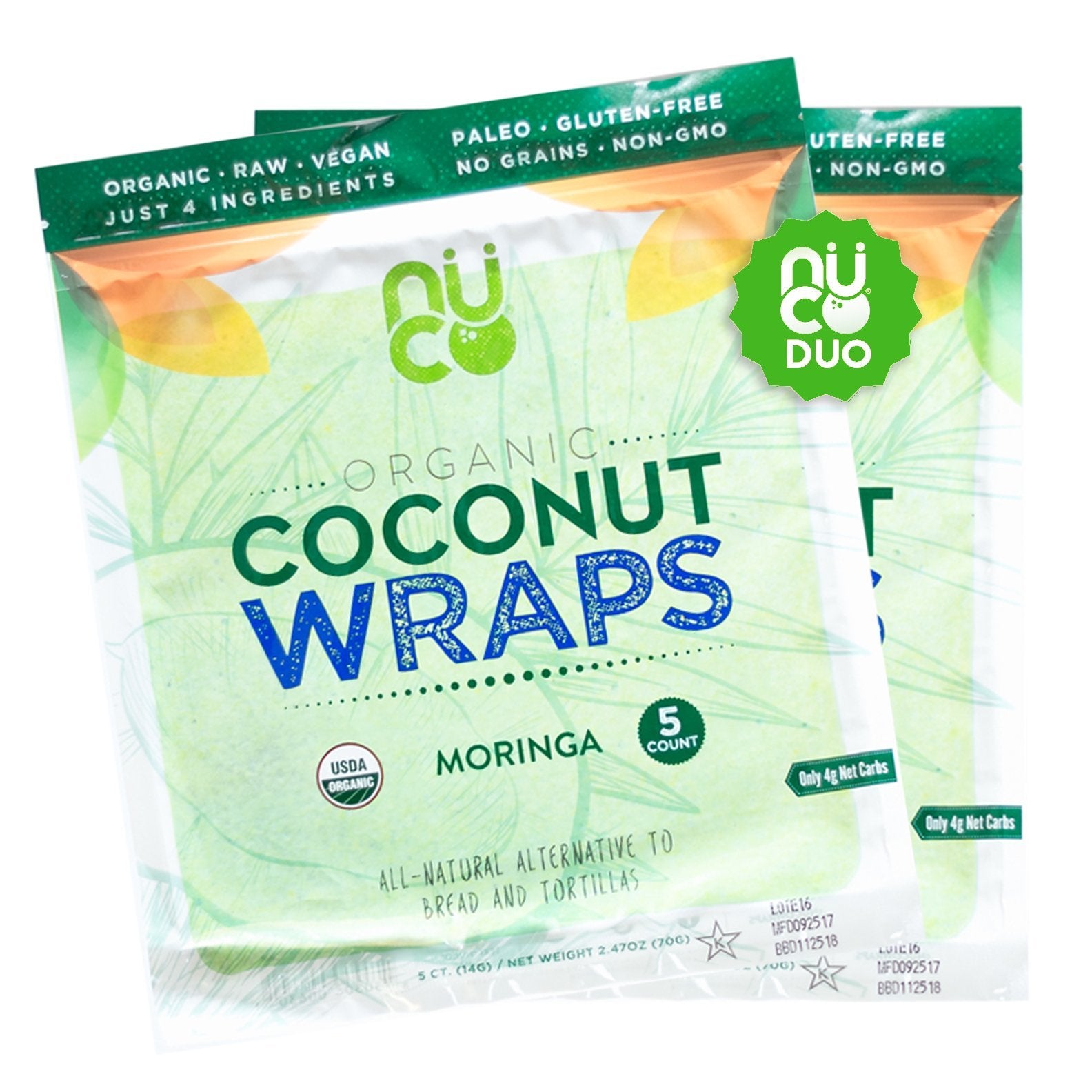NUCO front packaging showing moringa coconut wraps and organic seal for convenience