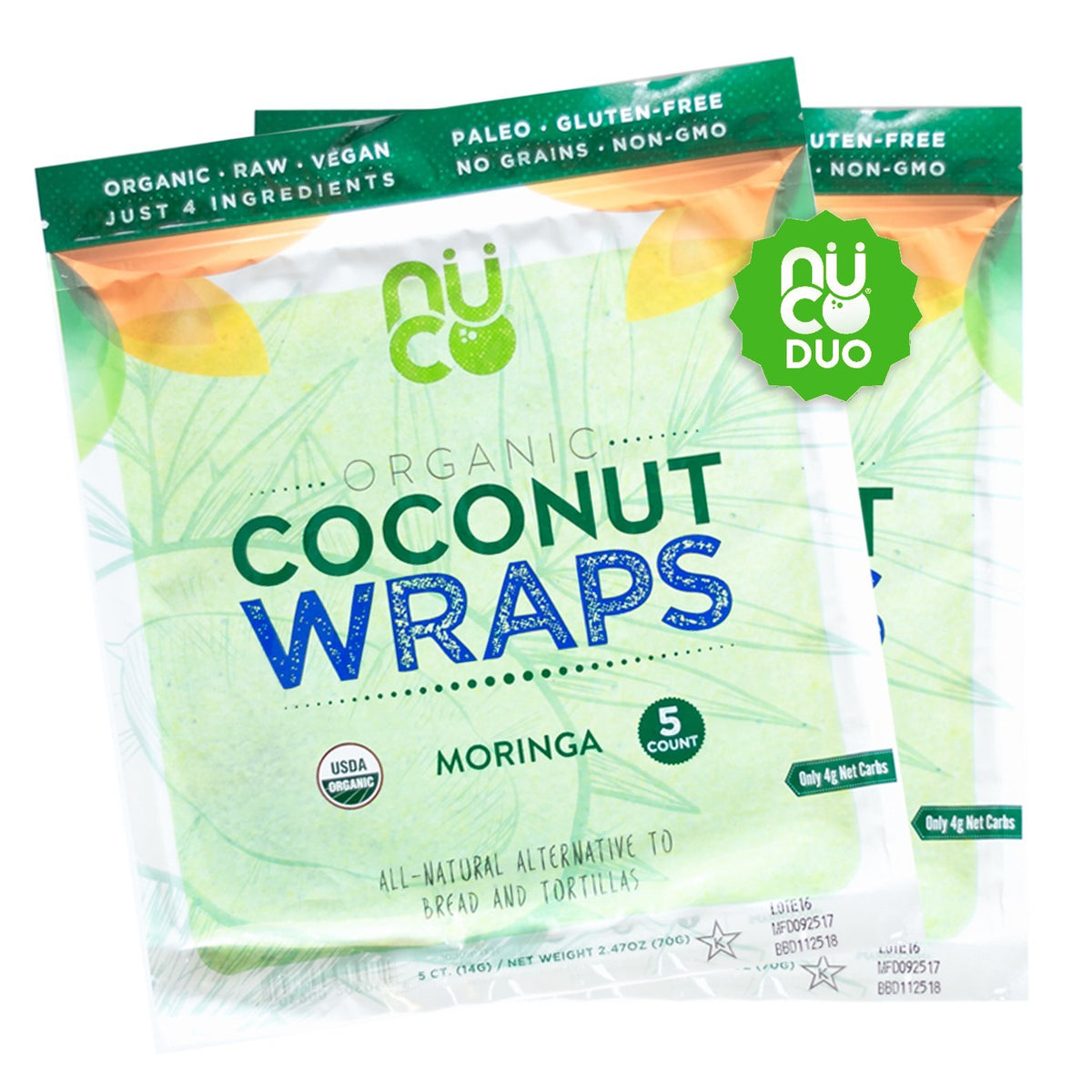 NUCO front packaging showing moringa coconut wraps and organic seal for convenience