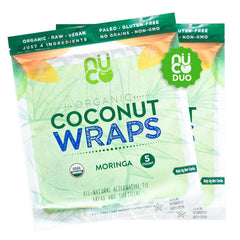 NUCO front packaging showing moringa coconut wraps and organic seal for convenience