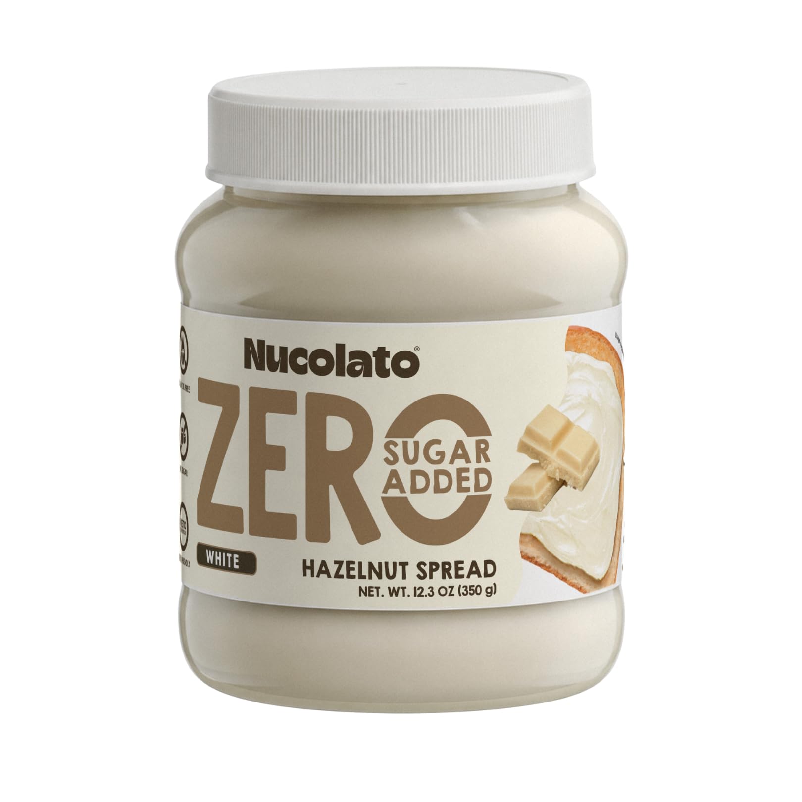 NUCOLATO front jar showing white chocolate spread, clear branding and benefit