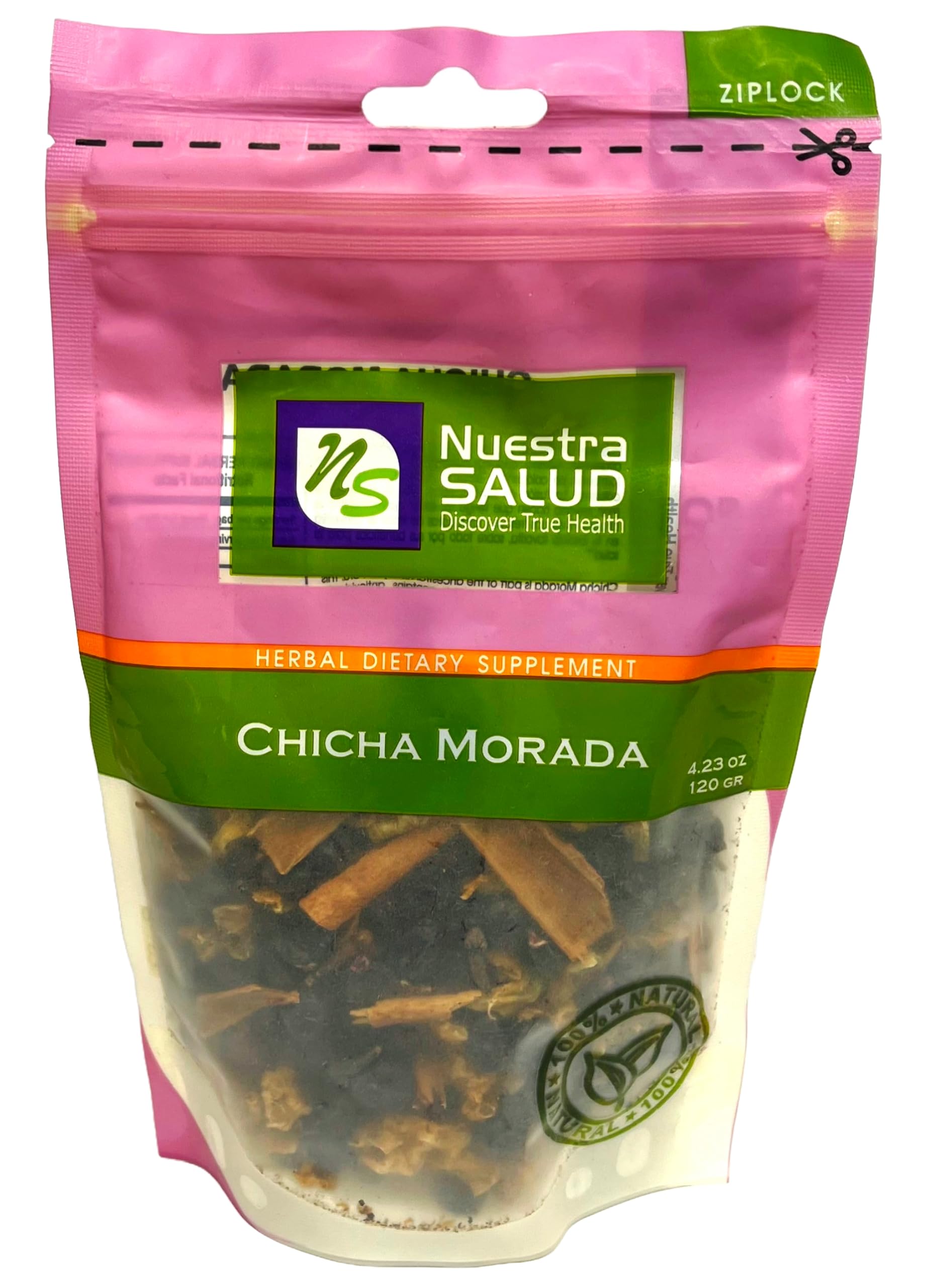Nuestra NS Salud front packaging showing 120g bag and clear zip-lock freshness