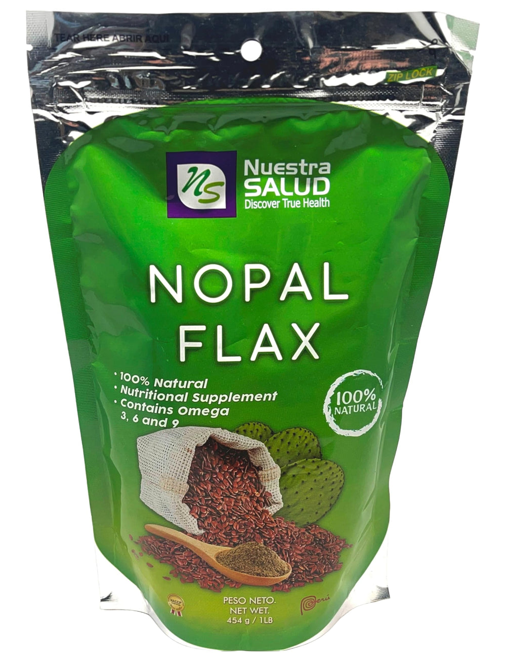Nuestra NS Salud front pouch showing product name and 1lb size benefit