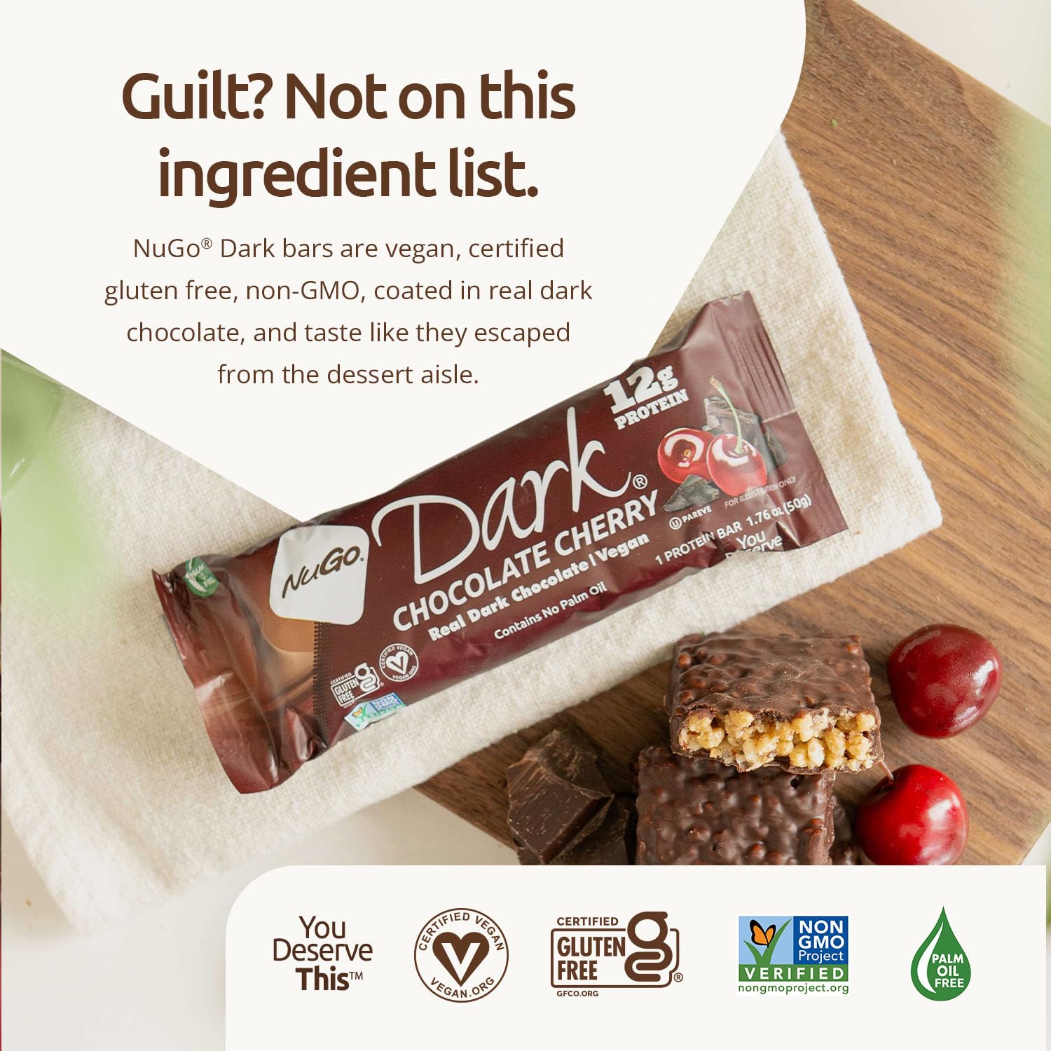 NuGo Dark ingredients label showing vegan and gluten-free certifications for informed choice